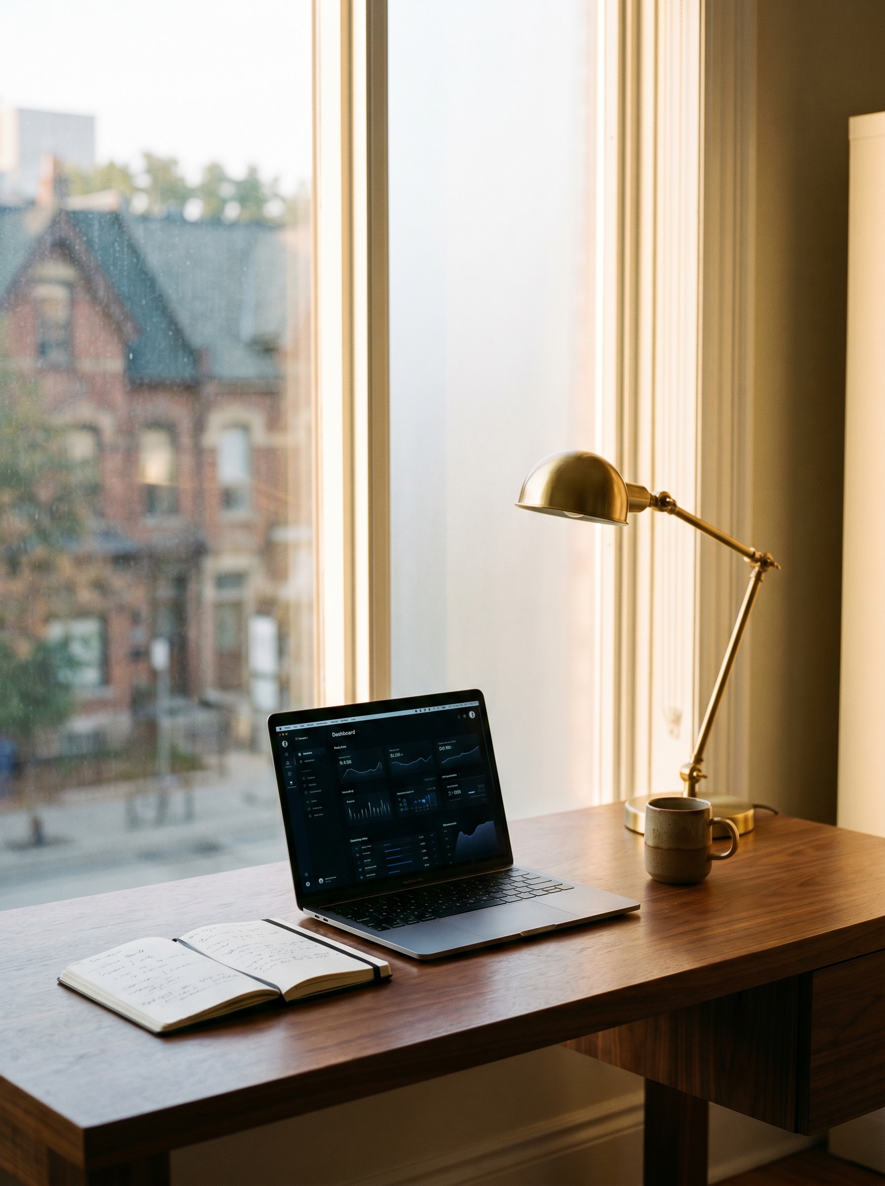 A Toronto consultant workspace, laptop on a wooden desk with afternoon window light
